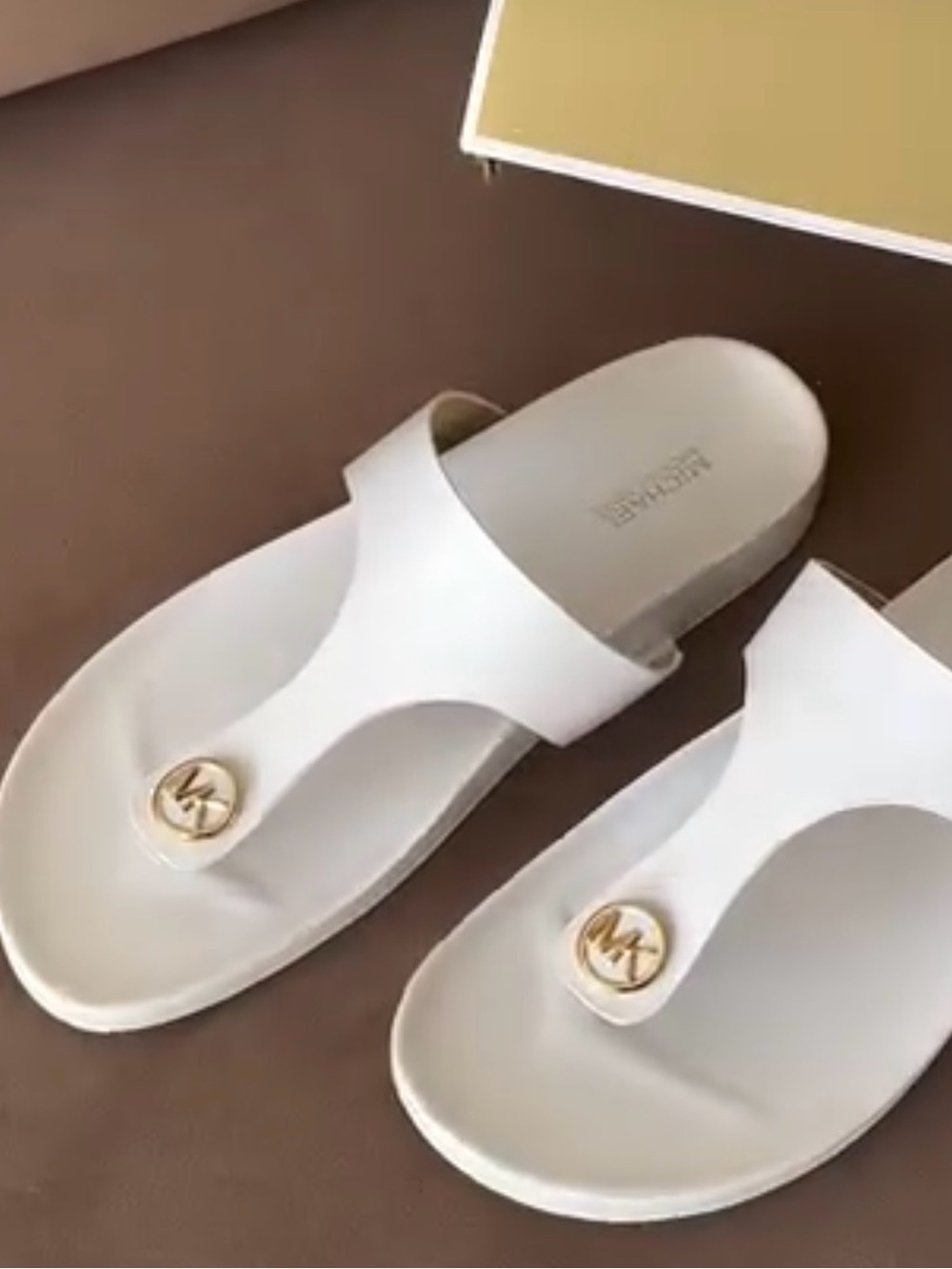 Michael Kors White Thong Sandals with Gold MK Accent sz7